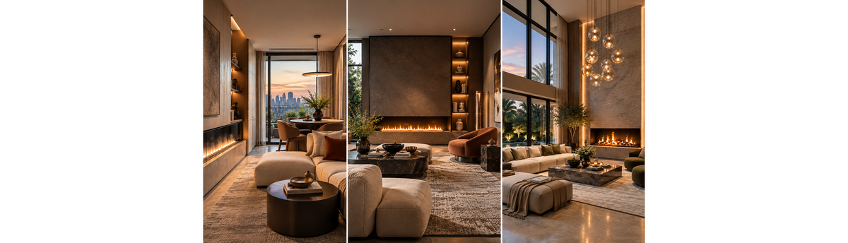 Fireplace styled in proportion to living room furniture and wall width in a compact apartment, living room and double height space of a grand villa.