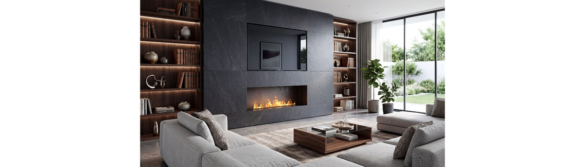 Planika Cool Flame PD water vapour fireplace integrated into a contemporary luxury living room feature wall.
