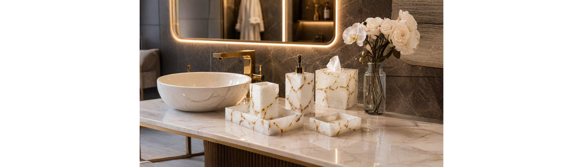 White Quartz with Gold Foil Bathroom Accessory Set handcrafted from natural white quartz for luxury contemporary bathrooms