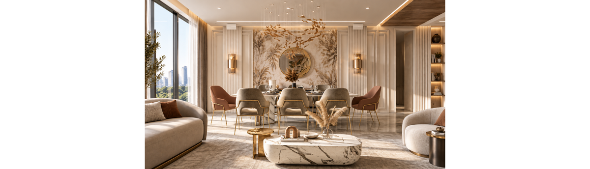 Luxury dining room wall with mirror, decorative lighting, wall panels and statement chandelier