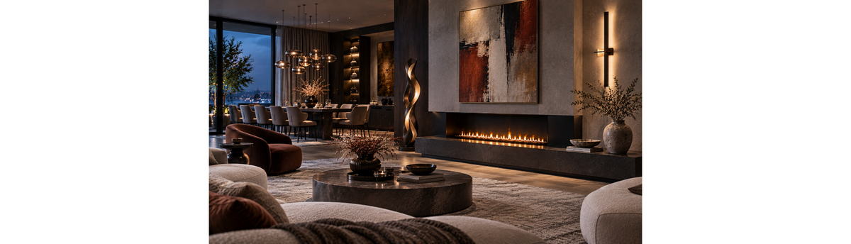 Luxury living room with a linear fireplace, abstract wall art, sculptural floor lamp, pendant lights over the dining table and a wall light creating layered evening illumination.