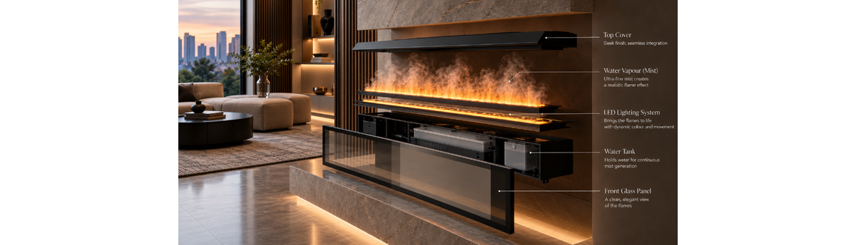 Modern fireplace technology in a contemporary Indian interior