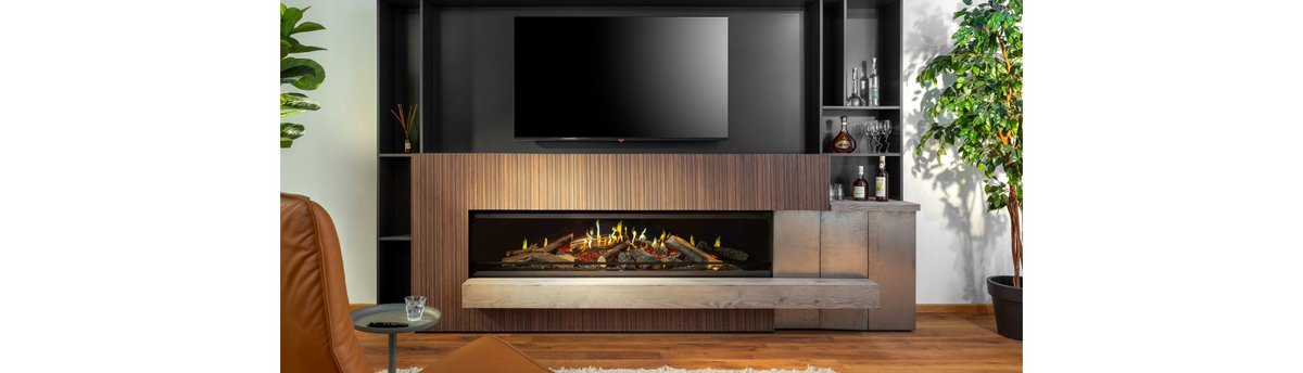 Holographic fireplace installed within a contemporary marble television feature wall in a luxury Indian living room