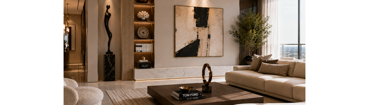 Luxury living room styled with centrepieces, statement sculptural object, art, coffee table books and premium home decor accessories.