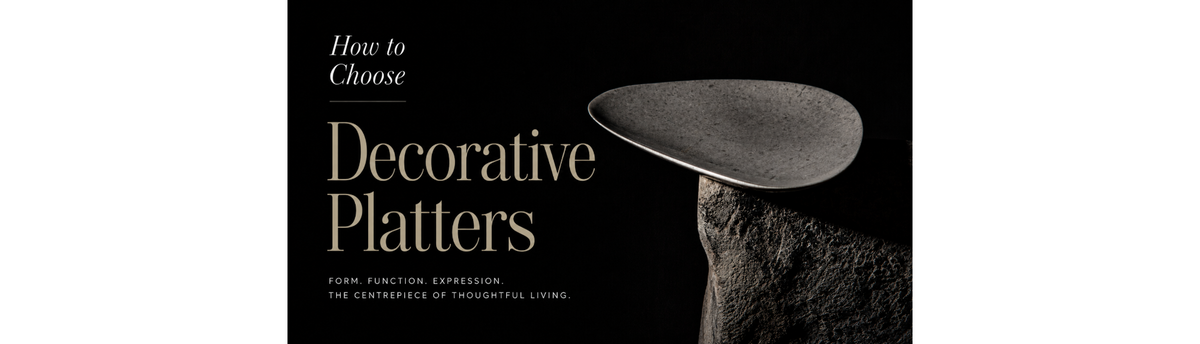 A contemporary porcelain decorative platter placed on a dark brown stone on a black background with text - How to choose decorative platters
