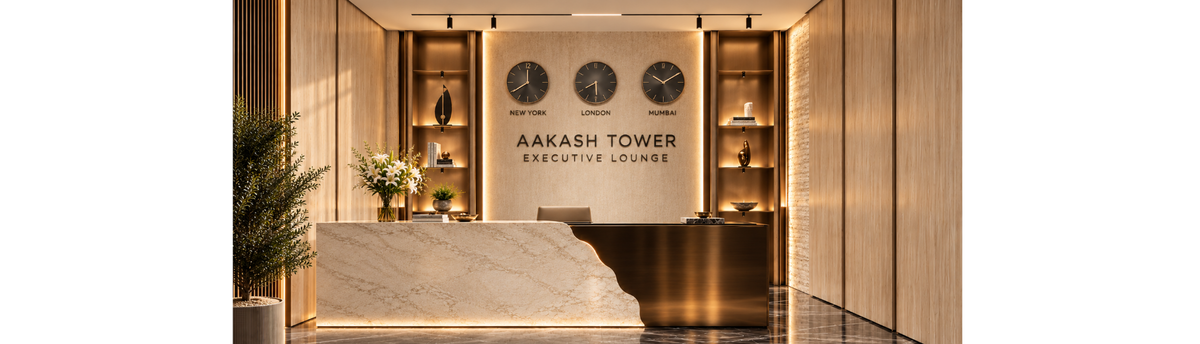 Luxury office reception styled with statement artwork, sculptural decor, a refined reception desk and balanced negative space.