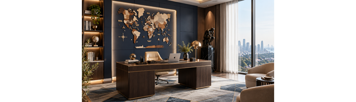 Luxury executive office with world map wall art, globe, sculpture and statement decor