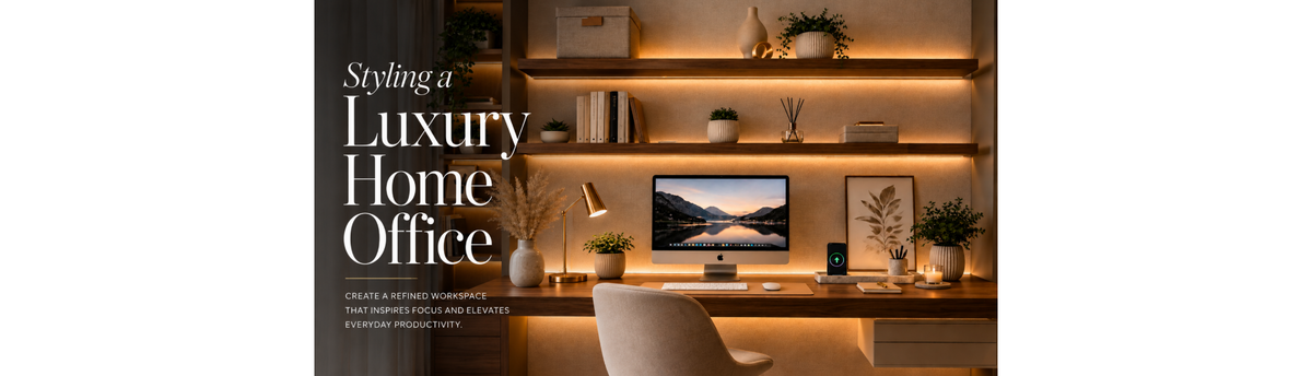 Luxury home office styled with decor accessories, books, vases and lighting