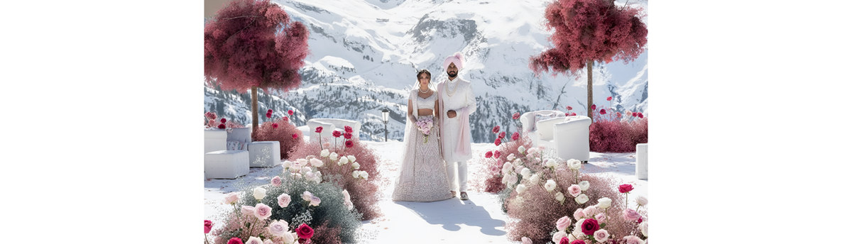A grand luxury Indian wedding ceremony set against snow-capped mountains with vibrant pink floral decor, representing the modern high-end gifting lifestyle curated by Spacio.