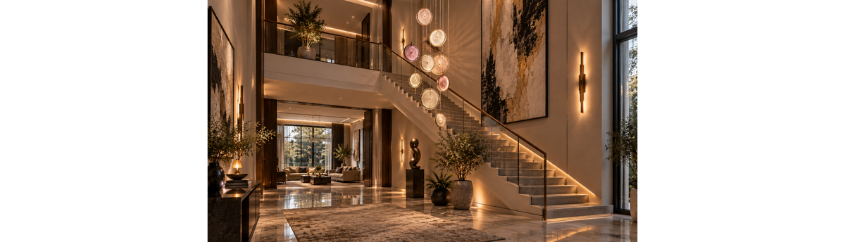 Luxury staircase styled with decorative lighting, wall art, sculptures, planters and plants in an Indian home