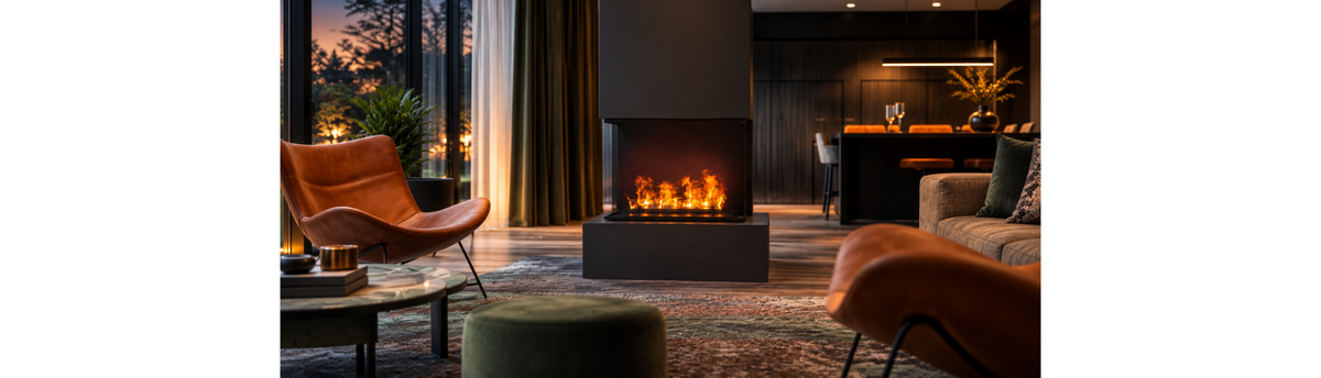 Planika Aura freestanding water vapour fireplace with a black steel body, three-sided glass panels and realistic LED flame effects.