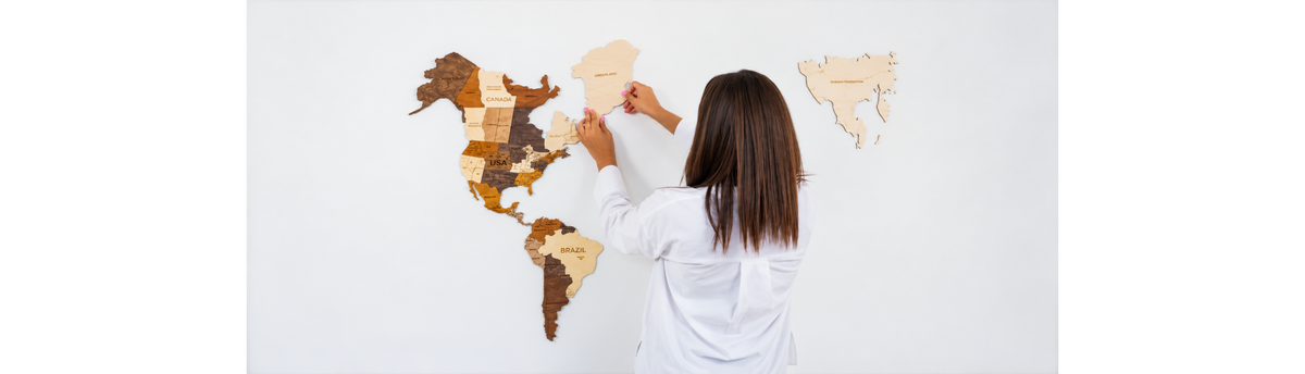3D wooden world map wall art with layered continents for a living room, study or home office