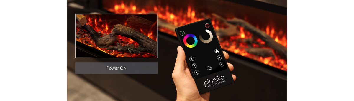 Planika Astro electric fireplace with a 3D LED flame effect, decorative logs and amber crystals