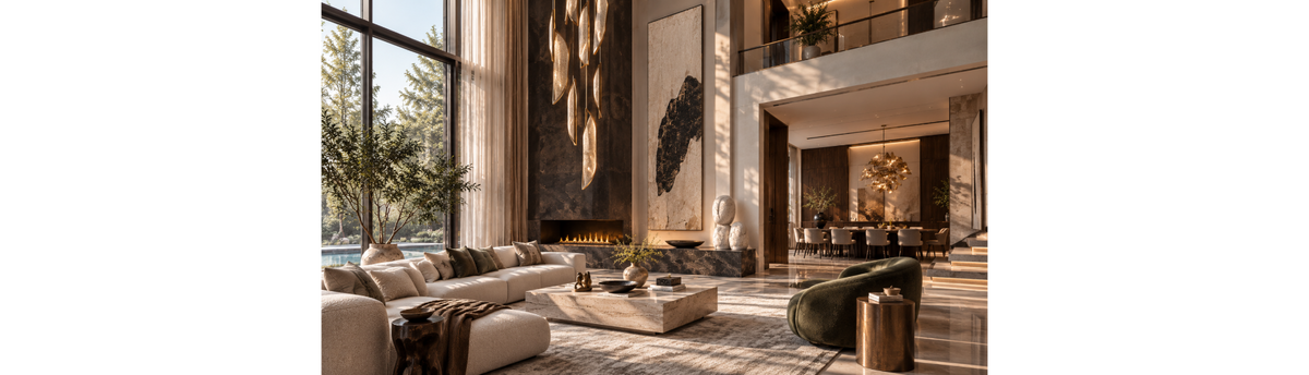 Luxury double-height living room styled with fireplace, furniture, chandelier, sculptures and decor accessories