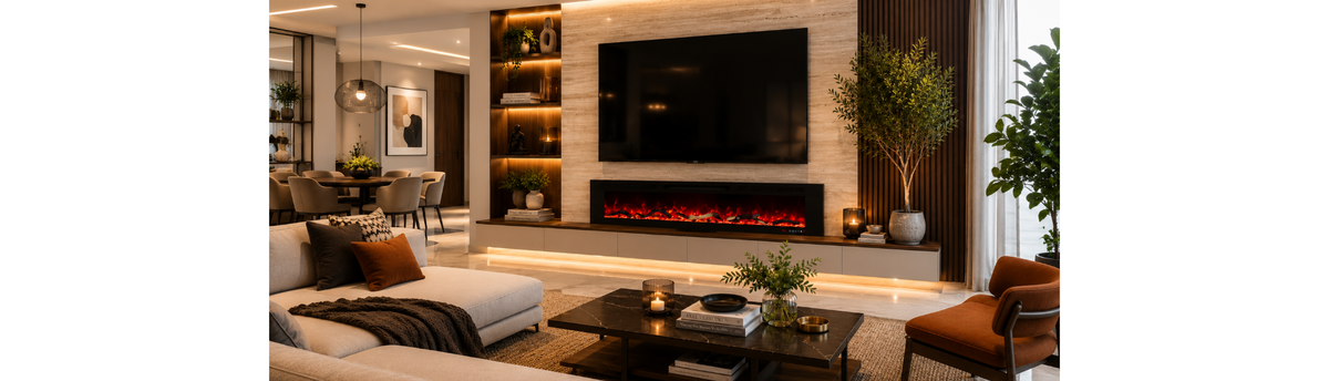Luxury Indian living room with an artificial fireplace below a TV, creating warm ambience without additional heat