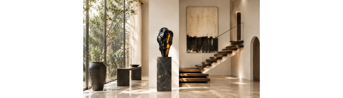Yellow Flash of Light glass sculpture on a marble pedestal creating a focal point in a contemporary luxury interior