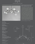 Product information sheet for a chandelier with design details and measurements.