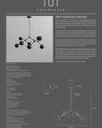 Product information sheet for a chandelier with text and diagrams on a gray background