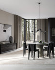 A Scandinavian theme dining room styled with wall art, sculptural vases , bowl and a minimal design chandelier.