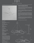 Product information sheet for a chandelier with design details and measurements on a gray background.