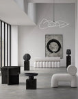 Modern interior design with white furniture and black accents