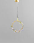 Brass pendant light fixture on a gray background