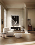Modern Japandi theme living room with beige walls, a fireplace, and decorative items.