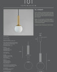 Product information sheet for a pendant light with design details and measurements.