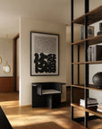 Modern Japandi theme interior with wooden shelves, books, and decorative items.