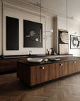 Modern living room with wooden console table, black countertop, and wall art.