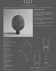 Clam table lamp design with specifications on a gray background