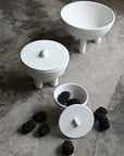 Set of white ceramic duck bowls and jars with blackberries on a stone surface from 101 Copenhagen at Spacio retail stores in Mumbai & Kolkata.