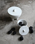 White ceramic containers with lids on a stone surface with blackberries from 101 Copenhagen at Spacio retail stores in Mumbai & Kolkata.