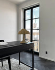 Modern office space with a desk, lamp, and large window.