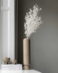 Beige vase with white dried flowers on a shelf with duck jars against a gray wall from 101 Copenhagen at Spacio retail stores in Mumbai & Kolkata.