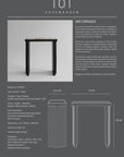 Product information card for art console table from 101 Copenhagen with dimensions and design details.