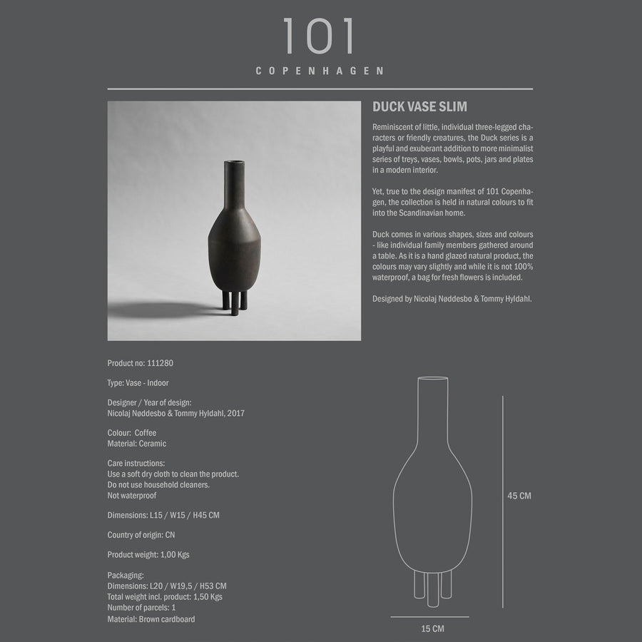 A ceramic black vase with the 101 Copenhagen Duck Slim Coffee 111280 on it.