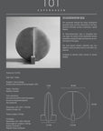 Product description card for a spherical object with dimensions and design details on a gray background
