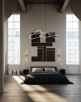 Modern bedroom with large windows, wooden floor, and abstract wall art.