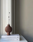 A 101Cph Sphere Bubl Mini Terracotta 203010 vase sits on top of a bookshelf next to a window, manufactured by 101 Copenhagen.