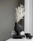 Black vase with dried white flowers on a white surface against a gray wall along with Duck jars from 101 Copenhagen at Spacio retail stores in Mumbai & Kolkata.
