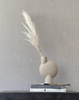 Cylindrical vase with dried pampas grass on a stack of books against a gray textured wall from 101 Copenhagen at Spacio retail stores in Mumbai & Kolkata.