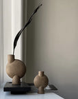 Two 101 Copenhagen 101Cph Sphere Vase Bubble Mini Ocher 111180 vases, proudly displayed on a shelf, adding a touch of Scandinavian style to the room with their elegant design.