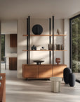 Modern living room with wooden shelf and sideboard