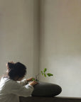 Person holding a small plant against a plain wall in a grey vase from 101 Copenhagen at Spacio retail stores in Mumbai & Kolkata.