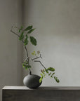Dark gray vase with a branch and leaves on a neutral background from 101 Copenhagen at Spacio retail stores in Mumbai & Kolkata.
