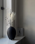 Black vase with dried plants on a windowsill next to a book from 101 Copenhagen at Spacio retail stores in Mumbai & Kolkata.