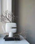 White abstract vase with branches on a surface near a window styled with coffee table books.