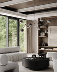 Modern living room with a chandelier, sofa, and coffee table.