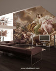 Classic fresco artwork depicting a mythological scene, handcrafted in Italy on plaster sheets with Carrara marble and Roman travertine powder for luxury interiors. Featured in a double height luxury living room next to a large window.